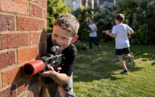 Kids playing mobile Lasertag at a garden party in Cornwall